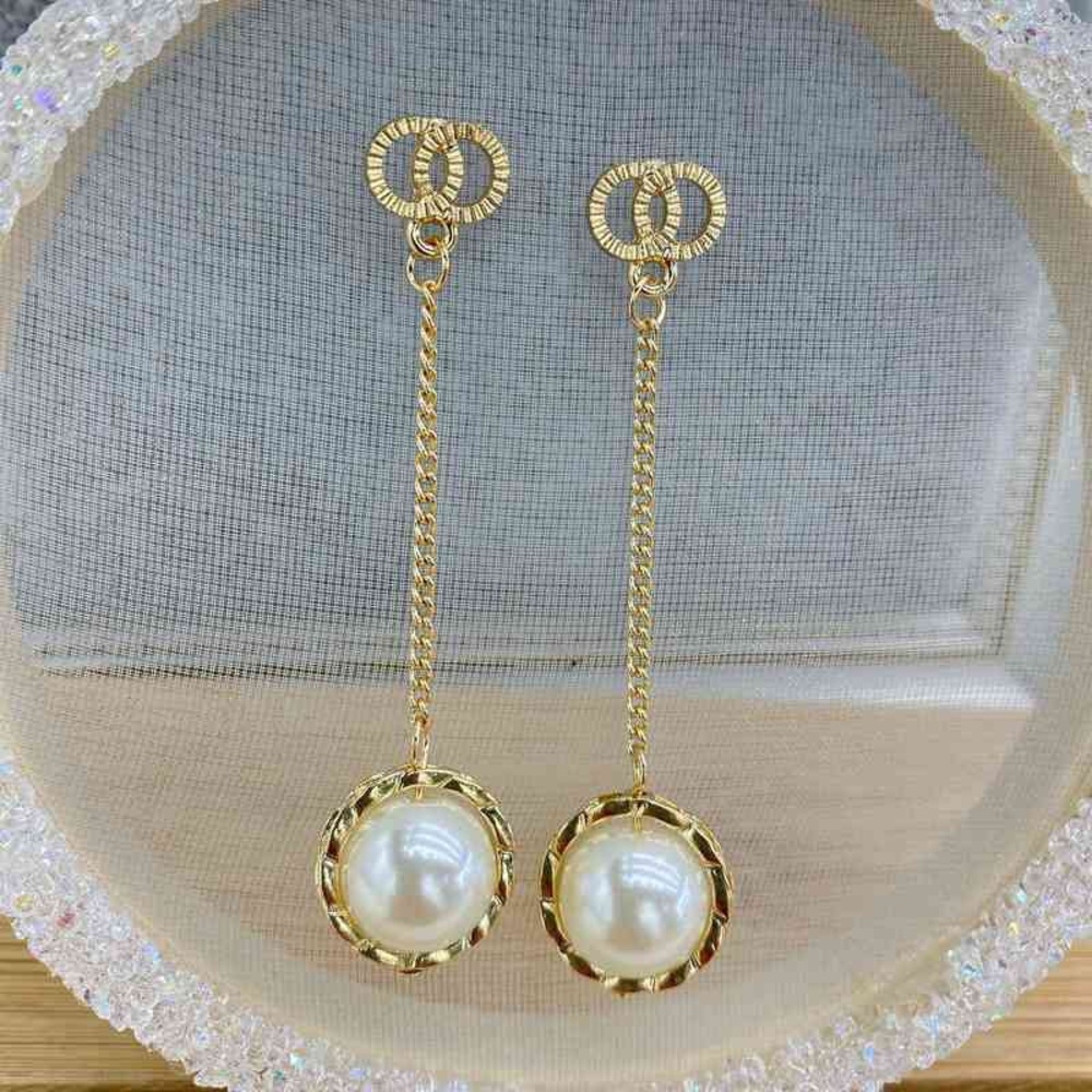 Gold Pearl Drop Chain Earrings - Women's Fashion Jewelry